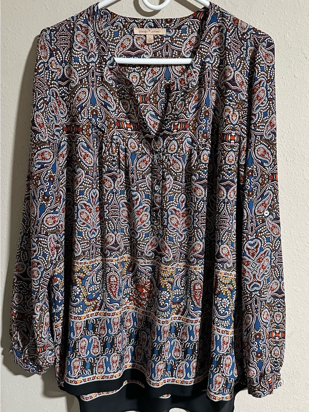 Gibson Latimer Blue Multi Paisley Boho Long-Sleeve Blouse